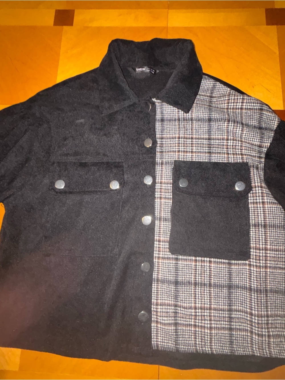 SHEIN Black Mixed Plaid Button-Up Shirt Jacket